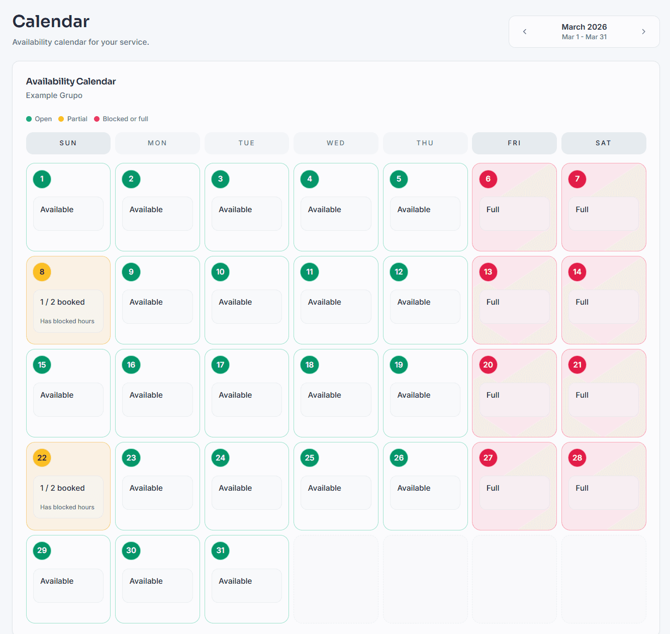 Vendor calendar view with bookings and availability