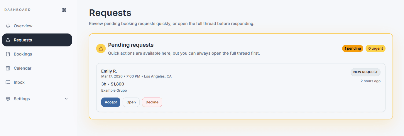 Pending requests dashboard preview